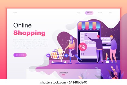 Modern flat cartoon design concept of Shopping and E-Commerce for website and mobile app development. Landing page template. Decorated people character for web page or homepage. Vector illustration.