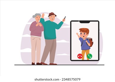 Dibujo plano moderno de los abuelos haciendo una videollamada con su nieto viniendo de la escuela. Conexión, familia, tecnología, ilustración de concepto multigeneracional