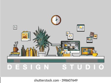 Modern flat cartoon technic web design with bright flat icons of design studio agency services. Digital graphics, web develop and apps prototyping. Flat design image concept, website elements layout