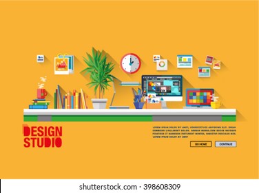Modern flat cartoon technic web design with bright flat icons of design studio agency services. Digital graphics, web develop and apps prototyping. Flat design image concept, website elements layout