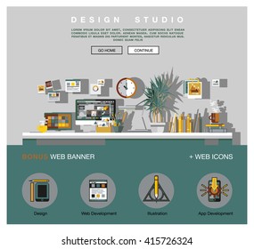 Modern flat cartoon technic web design with bright flat icons of design studio agency services. Digital graphics, web develop and apps prototyping. Flat design image concept, website elements layout