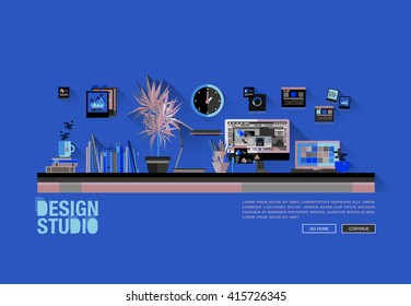 Modern flat cartoon technic web design with bright flat icons of design studio agency services. Digital graphics, web develop and apps prototyping. Flat design image concept, website elements layout