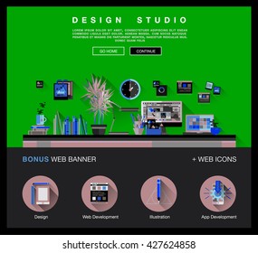 Modern flat cartoon technic web design with bright flat icons of design studio agency services. Digital graphics, web develop and apps prototyping. Flat design image concept, website elements layout