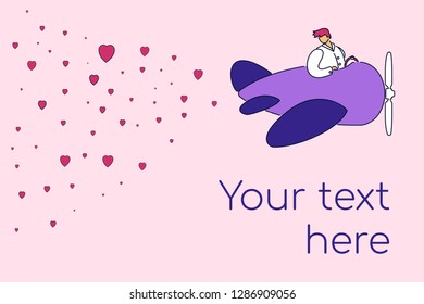 Modern flat character cartoon pilot fly plane,dropping heart icons-romantic postcard,Valentine Day,web online concept.Hand drawn style outline character aviator fly airplane,banner copy space