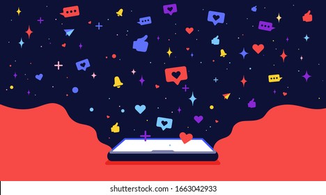 Modern flat character. Cell phone with cloud universe and icons social networks. Loneliness and solitude internet concept. Colorful contemporary art style. Vector Illustration