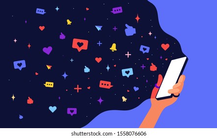 Modern flat character. Hand of woman holds phone with cloud universe and icons social networks. Woman on loneliness and solitude internet concept. Colorful contemporary art style. Vector Illustration