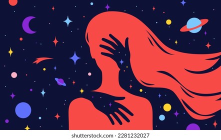 Modern flat character. Hands hug silhouette of woman with dream universe, cosmos, stars background. Simple character of young girl, energy spirit connection universe starry night. Vector illustration