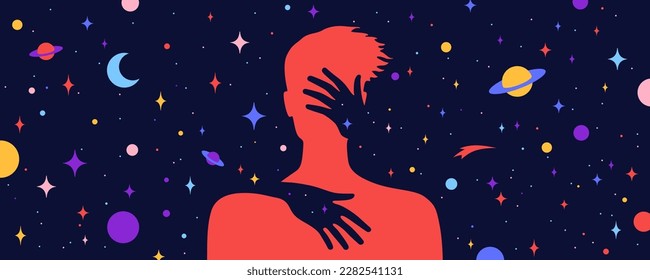 Modern flat character. Hands hug silhouette of man with dream universe, cosmos, stars background. Simple character of young boy, energy spirit connection universe starry night. Vector illustration