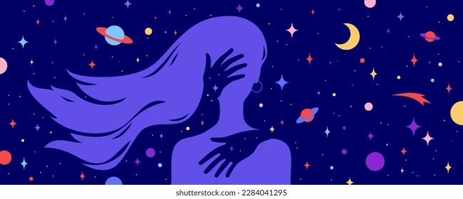 Modern flat character. Hands hug silhouette of woman with dream universe, cosmos, stars background. Simple character of young girl, energy spirit connection universe starry night. Vector illustration