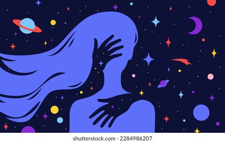 Modern flat character. Hands hug silhouette of woman with dream universe, cosmos, stars background. Simple character of young girl, energy spirit connection universe starry night. Vector illustration