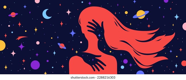 Modern flat character. Hands hug silhouette of woman with dream universe, cosmos, stars background. Simple character of young girl, energy spirit connection universe starry night. Vector illustration