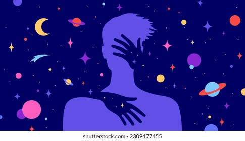 Modern flat character. Hands hug silhouette of man with dream universe, cosmos, stars background. Simple character of young boy, energy spirit connection universe starry night. Vector illustration