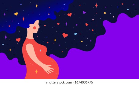 Modern flat character. Pregnant woman with dream universe. Simple character of pregnant woman with universe starry night and love symbols in hair. Concept in flat graphic. Vector Illustration