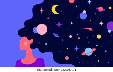 Modern flat character. Woman with dream universe. Simple character of woman girl with universe starry night in hair. Woman character in dream. Concept in flat color graphic. Vector Illustration