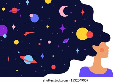 Modern flat character. Woman with dream universe. Simple character of woman girl with universe starry night in hair. Woman character in dream. Concept in flat color graphic. Vector Illustration