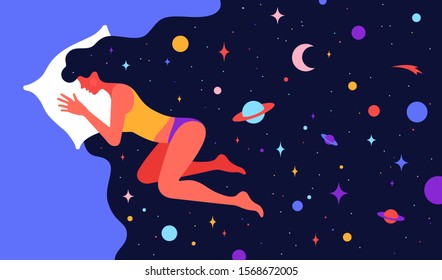 Modern flat character. Woman with dream universe. Simple character of woman sleeping in bed with universe starry night in hair. Woman character in dream. Concept in flat graphic. Vector Illustration
