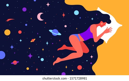 Modern flat character. Woman with dream universe. Simple character of woman sleeping in bed with universe starry night in hair. Woman character in dream. Concept in flat graphic. Vector Illustration