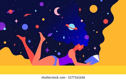 Modern flat character. Woman with dream universe reads open book. Simple cartoon character of woman girl with universe starry night in hair. Colorful contemporary art style. Vector Illustration