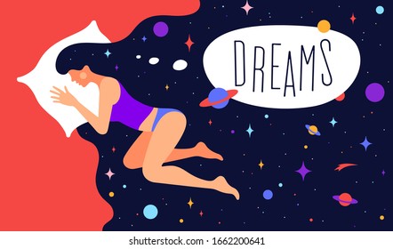 Modern flat character. Woman with dream universe. Simple character of woman sleeping in bed with universe starry night in hair. Woman character in dream. Concept in flat graphic. Vector Illustration
