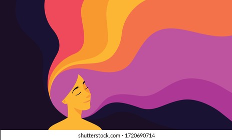 Modern flat character. Woman with dream universe. Woman character in dream. Concept in flat color graphic. Vector Illustration. Hair flies.