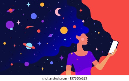 Modern flat character. Character of woman girl with universe dreams in hair and phone in hand. Woman on loneliness and solitude internet concept. Colorful contemporary art style. Vector Illustration