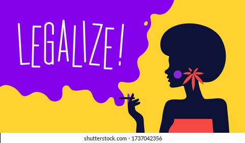 Modern flat character. Character of woman girl with cigarette. Woman smoking a cigarette on color bright background, legalize cannabis concept. Colorful contemporary art style. Vector Illustration