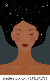 Modern flat character. A woman with the universe in her hair, the night of the star. The character of Asian Indian woman . Female character dream. A concept in style of artoon. Vector illustration