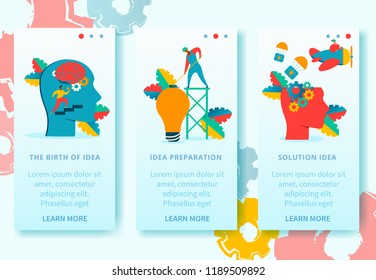Modern flat characters brain neurology app screen concept banners. Idea birth, ideas preparation, solution idea represented by cartoon people interacting with human head gears. light bulb thoughts.