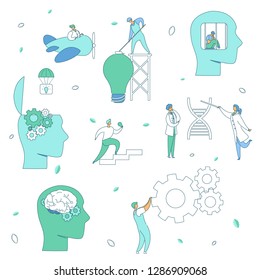 Modern flat characters brain neurology psychology concept.Hand drawn style Flat little people work-make idea birth,DNA chain,brain works,spin gears in human head.Mind activity-think,curiosity,study