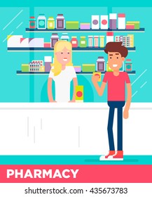 Modern flat characters of two young people in the pharmacy store. Saleswoman consulting client. Vector flat illustration. Easy to edit. Great colors. 