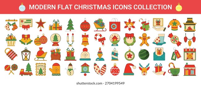 Conjunto de iconos de Navidades planas modernas con Elementos festivos de vacaciones, regalos, adornos, decoraciones y símbolos de invierno. Perfecto para diseños de temporada, tarjetas, Anuncios y proyectos digitales.