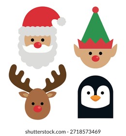 Moderno plano ícone vetorial de Natal com Santa, Elfo, Rena e Pinguim. EPS editável de alta qualidade para projetos de férias, web e projetos móveis. Perfeito para celebrações de inverno e festivas.