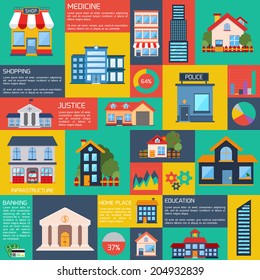 Modern flat city background infographics with text fields. Infrastructure vector illustration. Colorful template with for you design, web and mobile applications. 