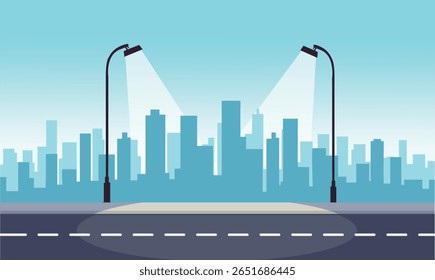 Modern Flat City Road Scene Vector Background with Buildings and Street Elements
