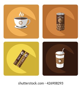 Modern flat Coffee icons set with long shadow effect