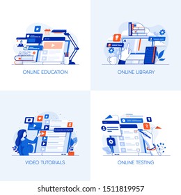 Modern flat color designed concepts icons for Online Education, Online Library, Video Tutorials and Online Testing. Can be used for Web Project , Applications, Infographics and Print design. Vector