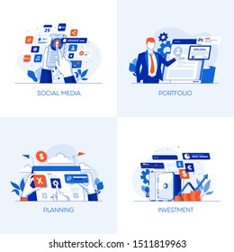 Modern flat color designed concepts icons for Social Media, Portfolio, Planning and Investment. Can be used for Web Project , Applications, Infographics and Print design. Vector Illustration