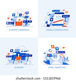 Modern flat color designed concepts icons for Content Marketing, Under Construction, Support and Email Marketing. Can be used for Web Project , Applications, Infographics and Print design. Vector 