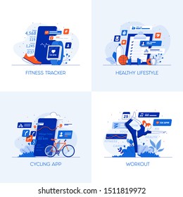 Modern flat color designed concepts icons for Fitness Tracker, Healthy Lifestyle, Cycling app and Workout. Can be used for Web Project , Applications, Infographics and Print design. Vector 