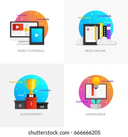 Modern flat color designed concepts icons for Video tutorials, Read online, Achievement and Knowledge. Can be used for Web Project , Applications, Infographics and Print design. Vector Illustration