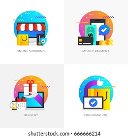 Modern flat color designed concepts icons for Online shopping, mobile payment, Delivery and Confirmation. Can be used for Web Project , Applications, Infographics and Print design. Vector Illustration