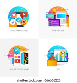 Modern flat color designed concepts icons for Mobile Marketing, Web Design, Apps Development and Seo Optimization. Can be used for Web Project , Applications, Infographics and Print design. Vector 