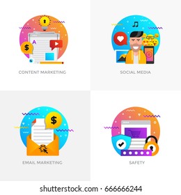 Modern flat color designed concepts icons for Content marketing, Social media, Email marketing and Safety. Can be used for Web Project , Applications, Infographics and Print design. Vector 