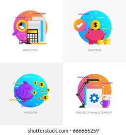 Modern flat color designed concepts icons for Analysis, Savings, Mission and Project management. Can be used for Web Project , Applications, Infographics and Print design. Vector Illustration