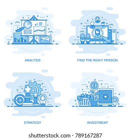 Banner web moderno de concepto de línea plana de inversión, estrategia, análisis y búsqueda de la persona adecuada. Ilustración conceptual vectorial para diseño web, marketing y gráfico.