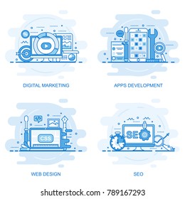 Banner web moderno concepto de línea plana de Seo, Diseño Web, Desarrollo de Aplicaciones y Marketing Digital. Ilustración conceptual vectorial para diseño web, marketing y gráfico.
