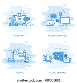 Modern flat color line concept web banner of Testing, Solution, Cloud Computing and Cloud Storage. Conceptual vector illustration for web design, marketing, and graphic design.