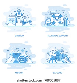 Modern flat color line concept web banner of Technical Support, Mission, Explore and Startup. Conceptual vector illustration for web design, marketing, and graphic design.