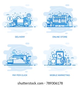 Modernes Web-Banner mit flachen Linien-Konzept, Pay Per Click, Mobile Marketing und Lieferung. Konzeptionelle Vektorgrafik für Webdesign, Marketing und Grafikdesign.