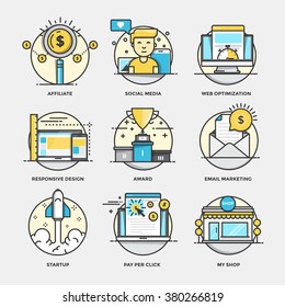 Modern flat color line designed concepts icons for Affiliate, Social Media, Web optimization, Responsive design, Award, Email marketing, Startup, Pay per click and My shop